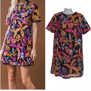Baltic Born Patricia Sequin Mini Dress Black Floral Mesh Overlay Size L